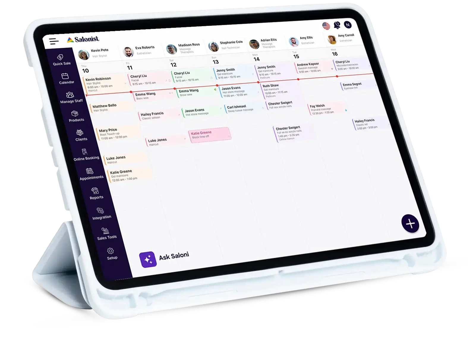 Salonist appointment calendar showing daily staff bookings